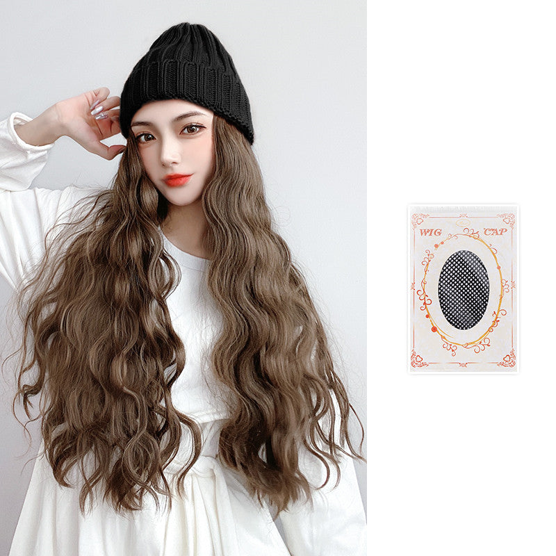 Wig Hat Integrated Knitting Wool Hat Long Curly Hair Water Ripple